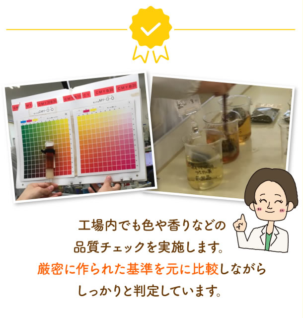 工場内でも色や香りなどの品質チェックを実施します。厳密に作られた基準を元に比較しながらしっかりと判定しています。