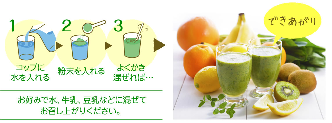 お好みで水、牛乳、豆乳などに混ぜてお召し上がりください。