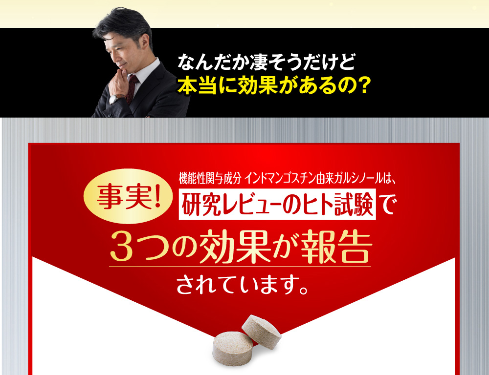 機能性関与成分 インドマンゴスチン由来ガルシノールは、研究レビューのヒト試験で３つの効果が報告されています。