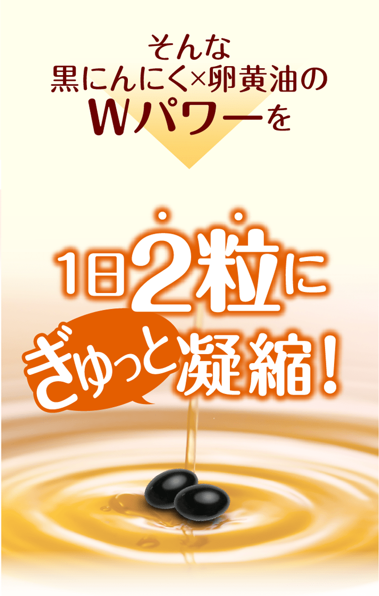 そんな黒にんにく×卵黄油のWパワーを1日2粒にぎゅっと凝縮！